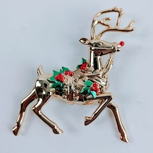 Gold Tone Reindeer Pin Brooch Multi Colored